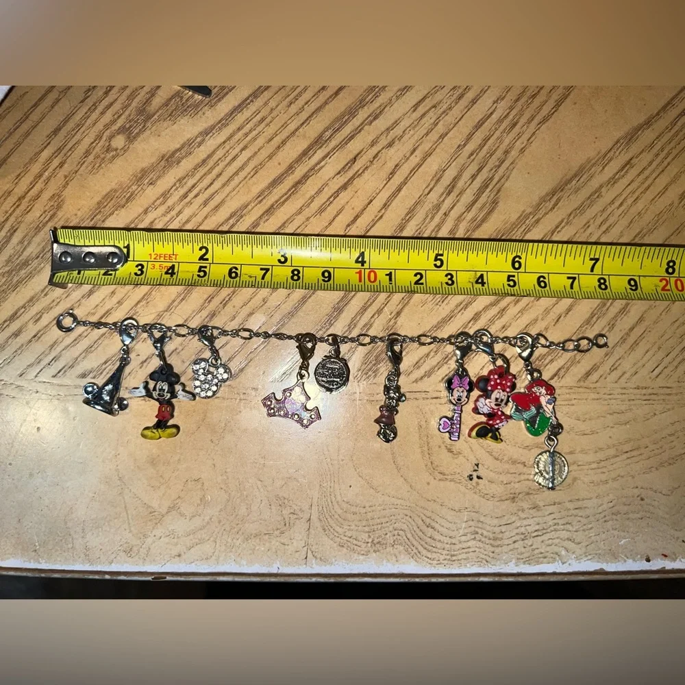 Disney 9 charm bracelet Minnie mickey crown rhinestones clasps birthday 7 inch